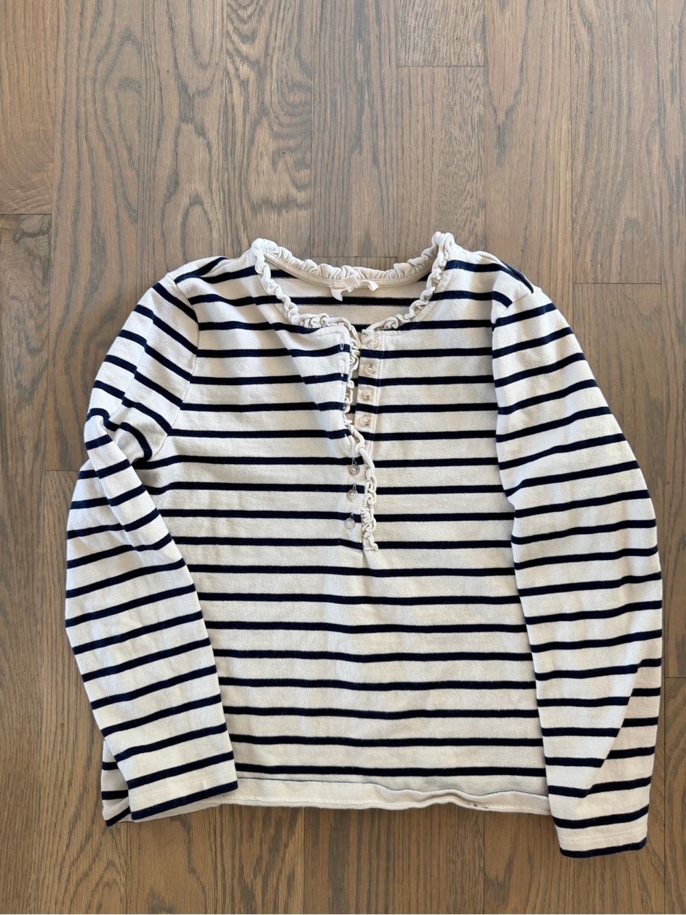 Sézane Women’s Striped Ruffled Henley Cotton Top - Cream and Navy